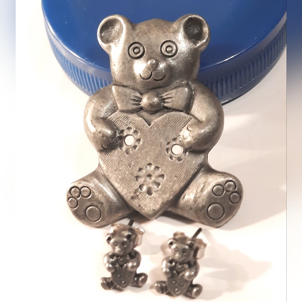 Silver Pewter Bear Brooch and Earring Set